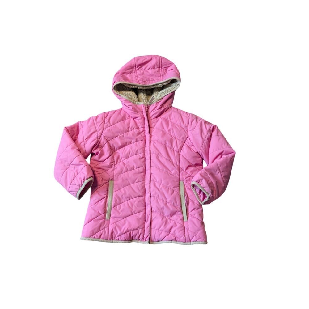 Lands' End Girls Pink Quilted Sherpa Lined Hooded Winter Puffer Jacket Size S 4